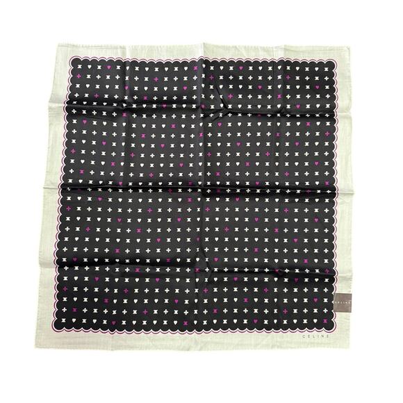 Celine Cotton Square Scarf*Beautiful Triomphe Heart Pattern*Black Purple*Tags - Picture 1 of 4